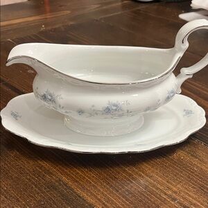 Elegant White and Blue Gravy Boat with Saucer